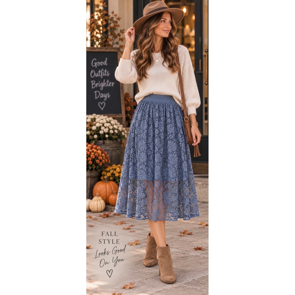 Laffaire Los Angeles Blue Floral Lace Midi Skirt Elastic Waist Size Small